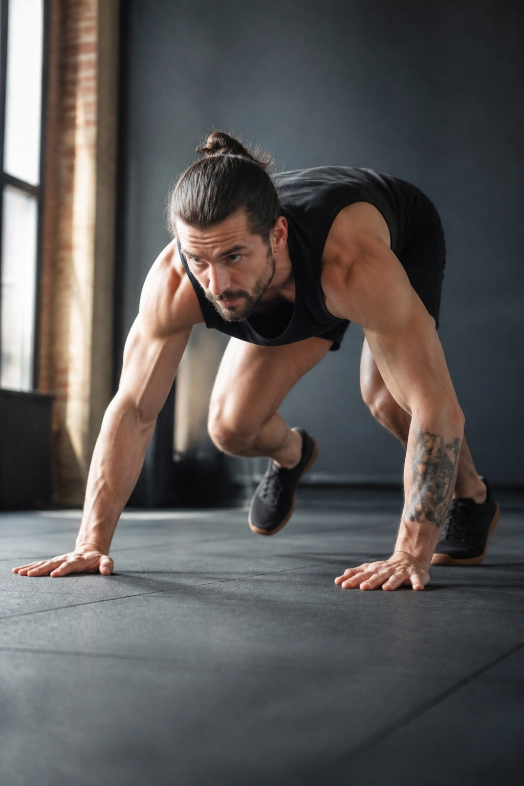 Real person bear crawling on a gym floor
