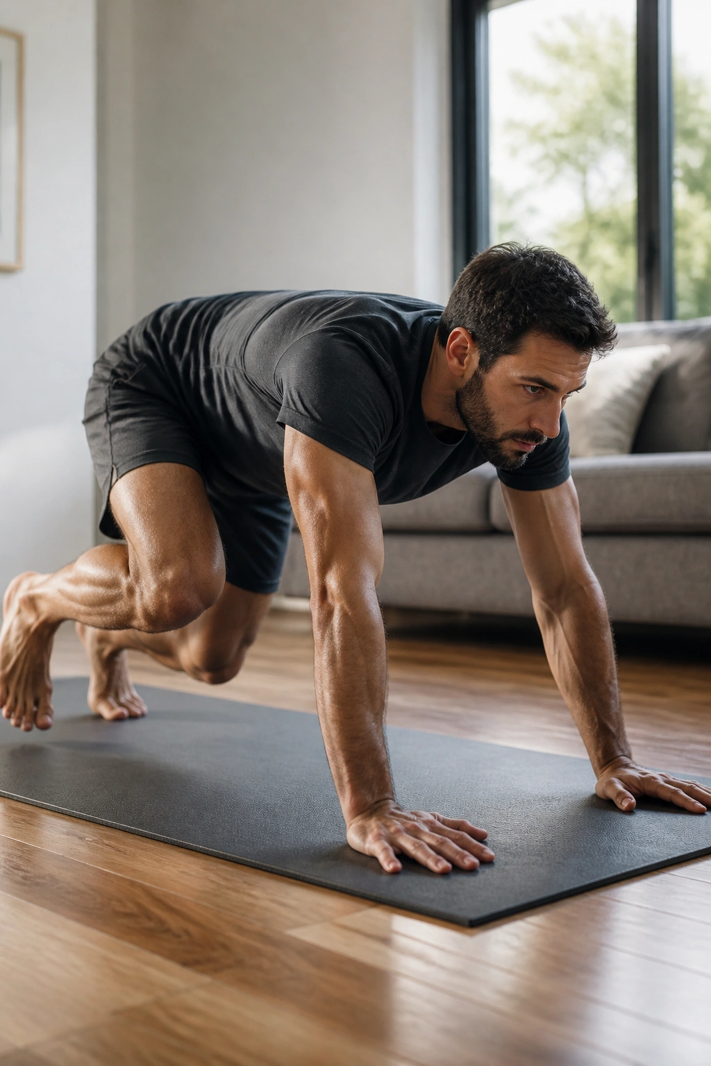 Bear crawl on a mat in a bright living room as part of an animal-flow floor sequence
