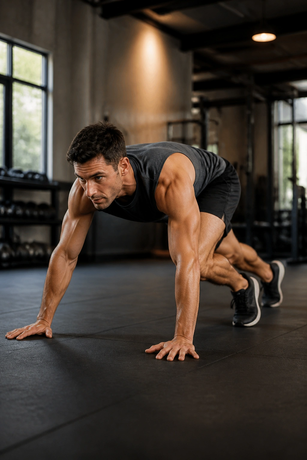 Person performing bear crawl in gym as part of animal flow