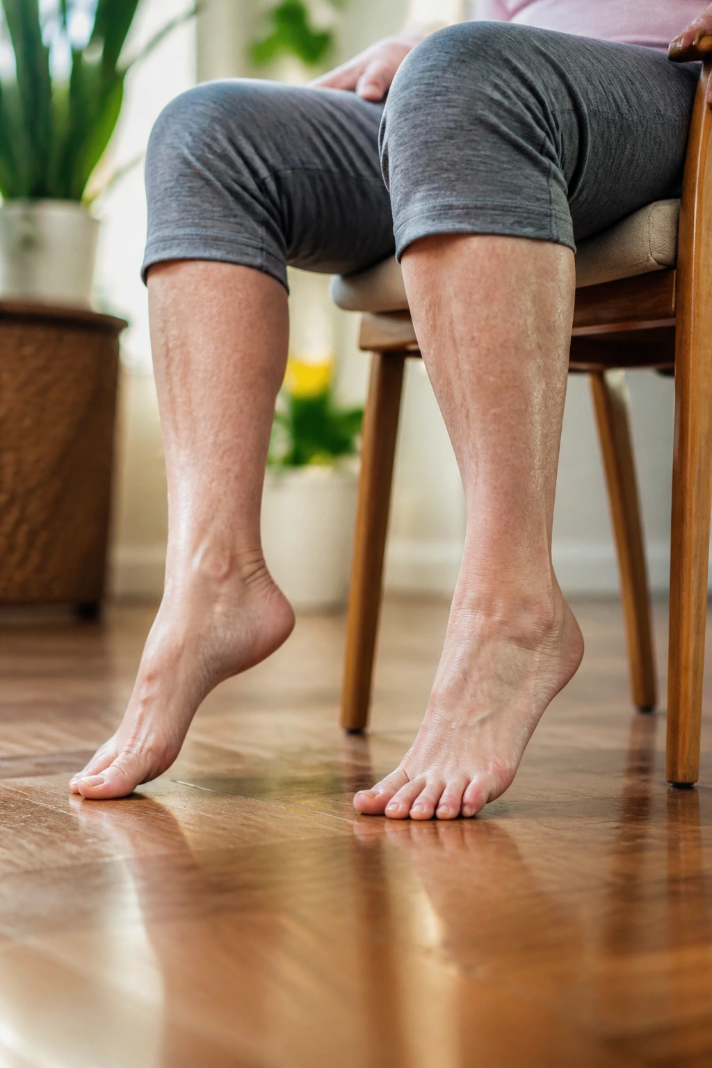 Close-up of a senior woman's feet performing toe taps and ankle circles while seated