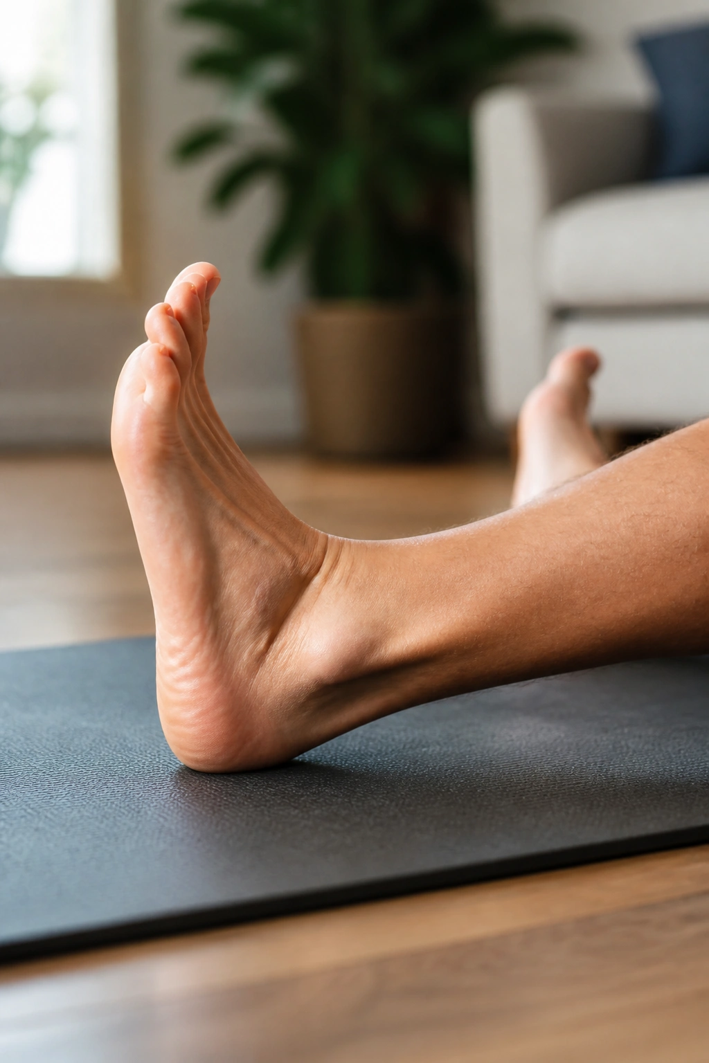 Close up of foot and lower leg performing ankle pumps on a yoga mat