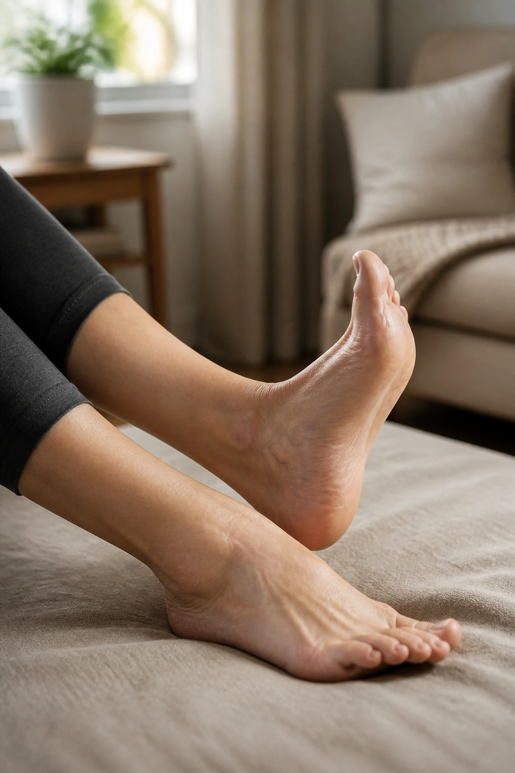 Close-up of feet performing ankle pumps and toe taps in a home setting