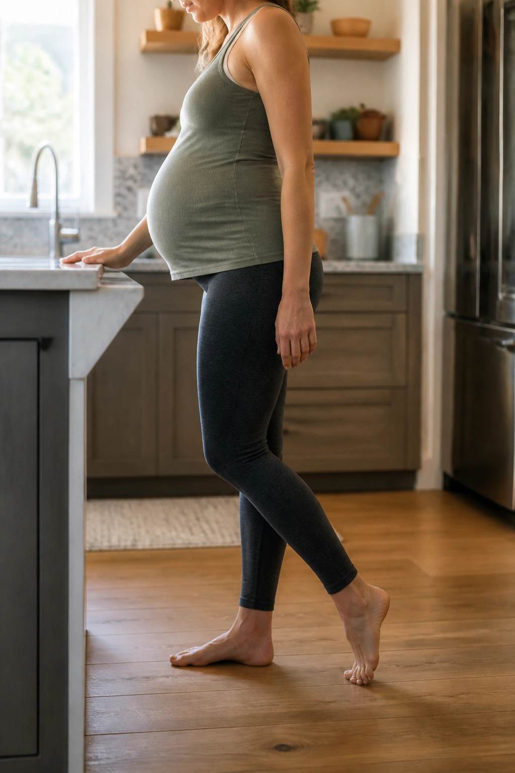 Side view of a pregnant woman performing ankle pumps and toe taps at a kitchen counter.