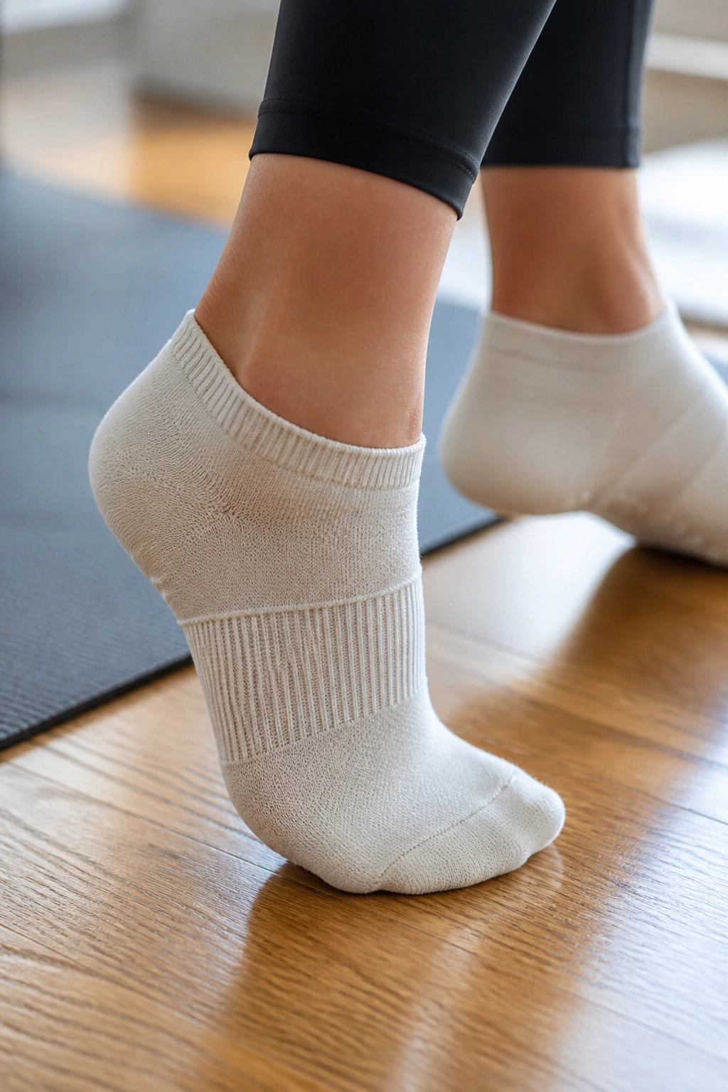 Feet in supportive ankle socks with arch support on a yoga mat.