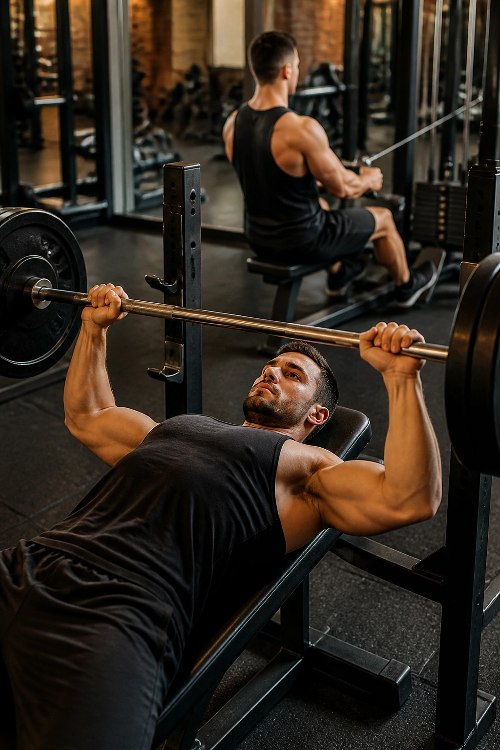 Lifter performing antagonist pair workout with bench press and rows in gym