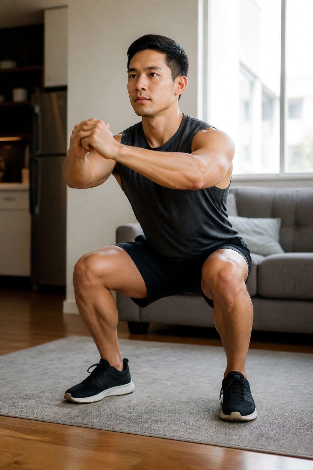 Person doing air squats in a small apartment living room