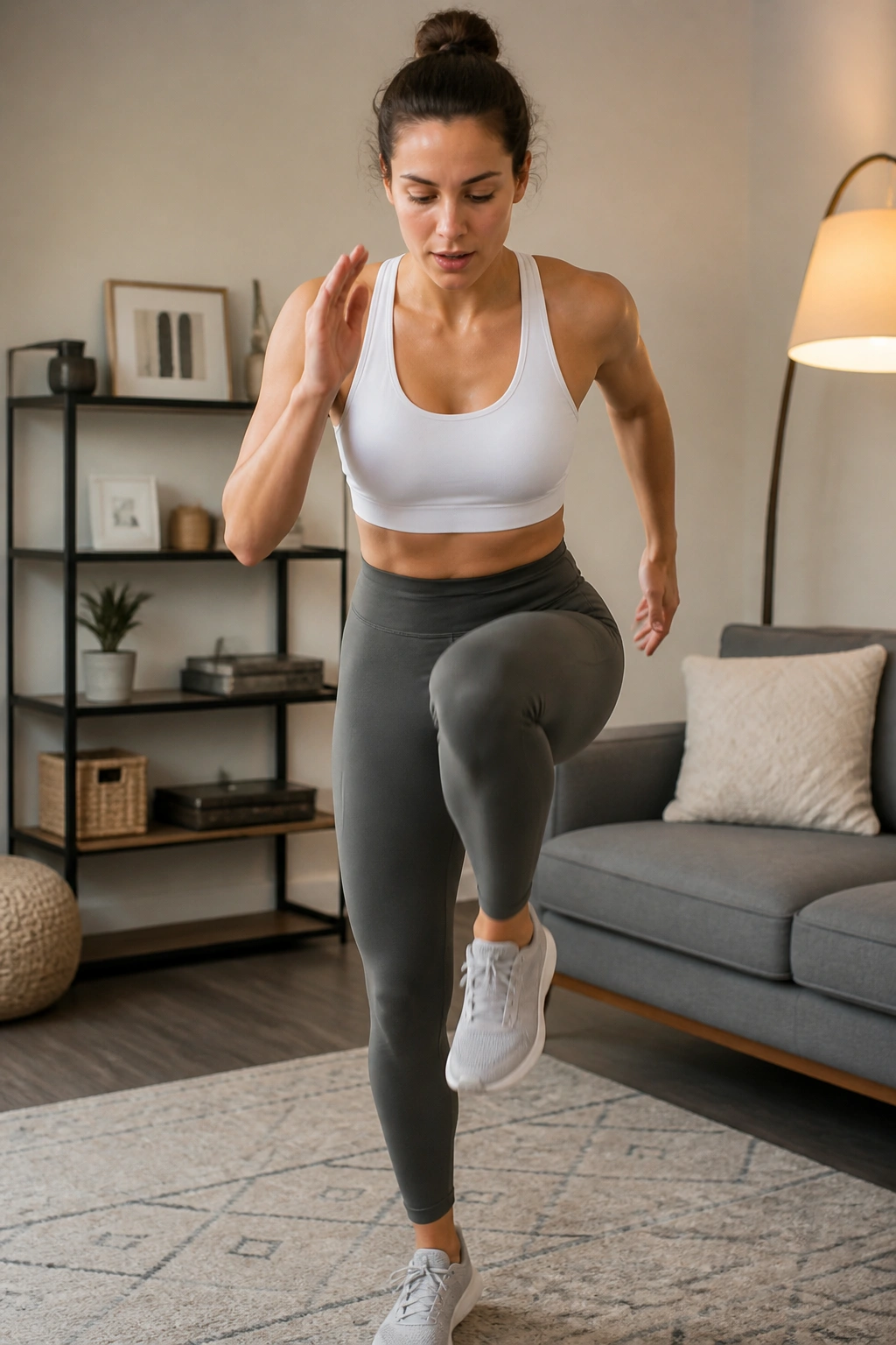 Person performing no-jump HIIT in a compact apartment living room