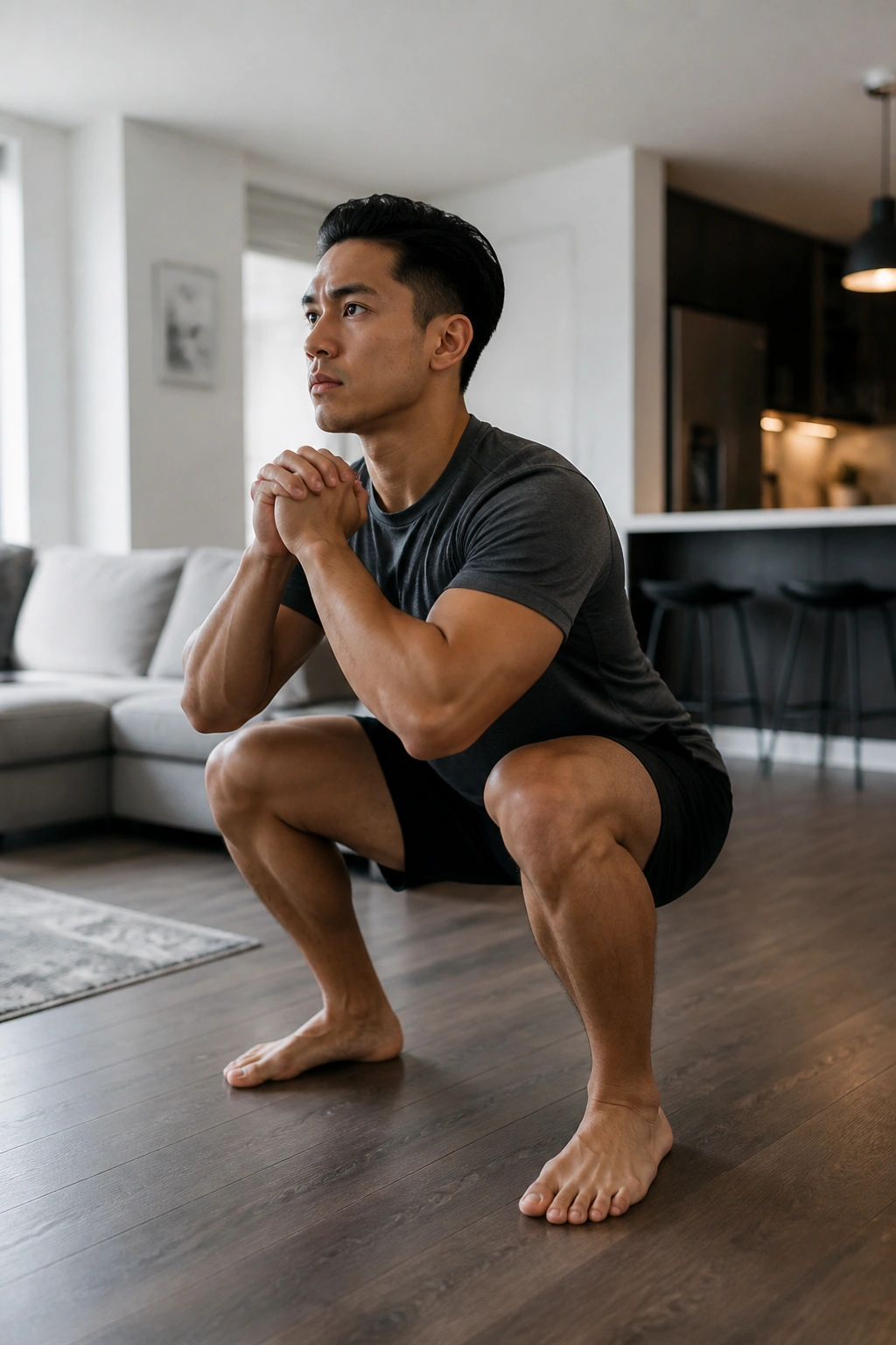 Real person doing slow-tempo squats in a small apartment