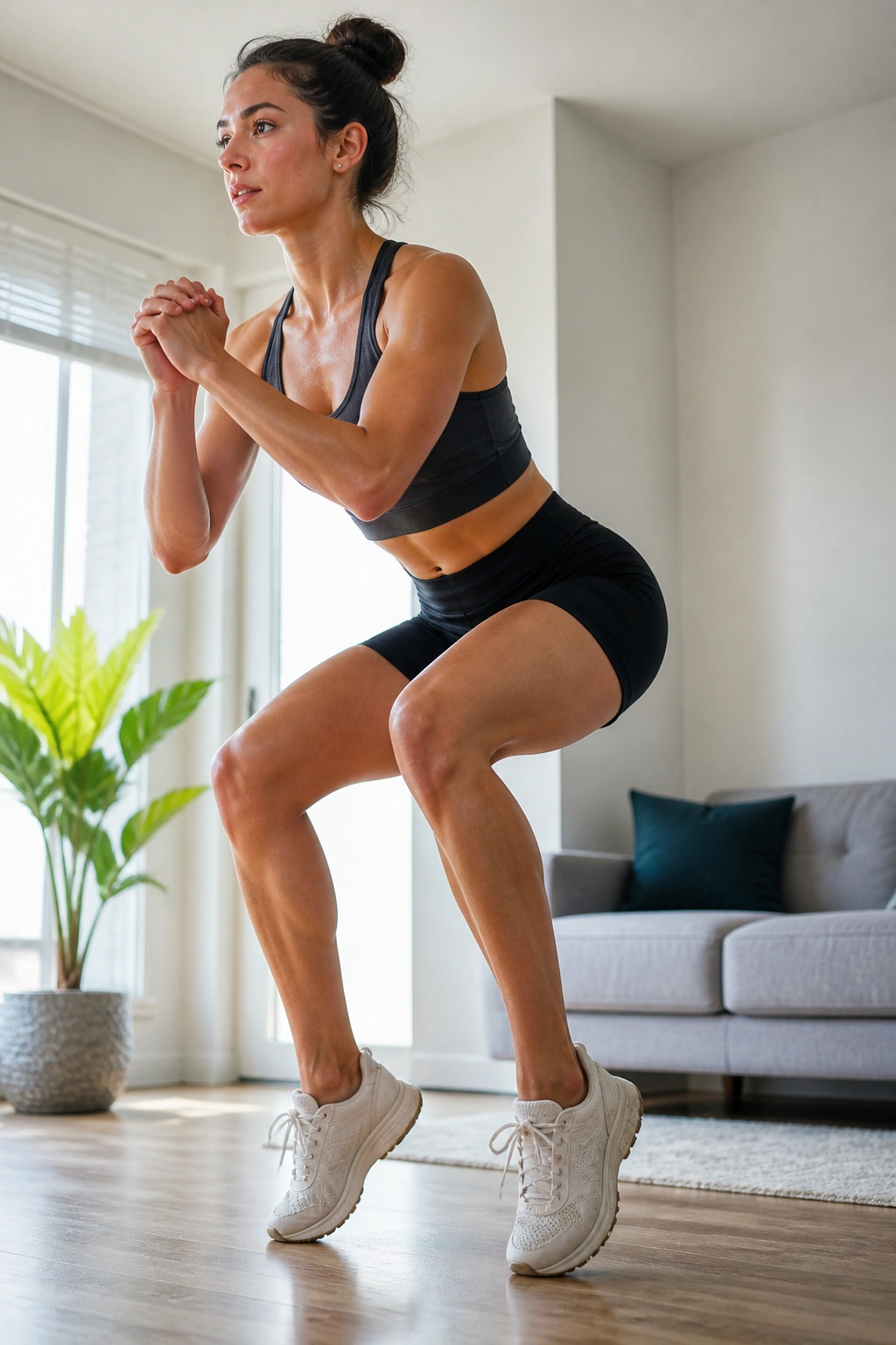 Person performing squat to calf raise in a quiet apartment for a sweaty cardio session.
