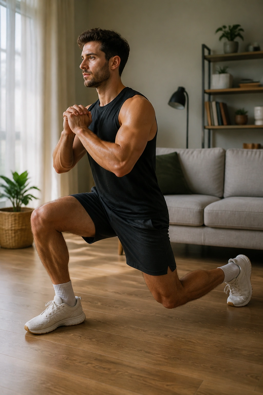 Close-up of a person performing a split squat in a quiet apartment living room