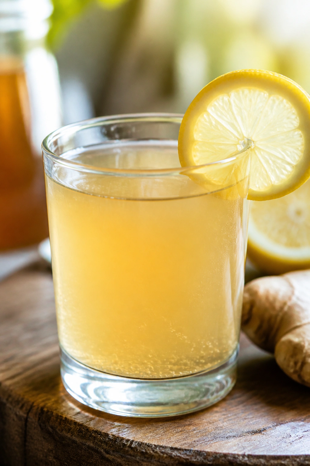 Amber apple cider vinegar tonic in a glass with lemon slice on a wooden surface