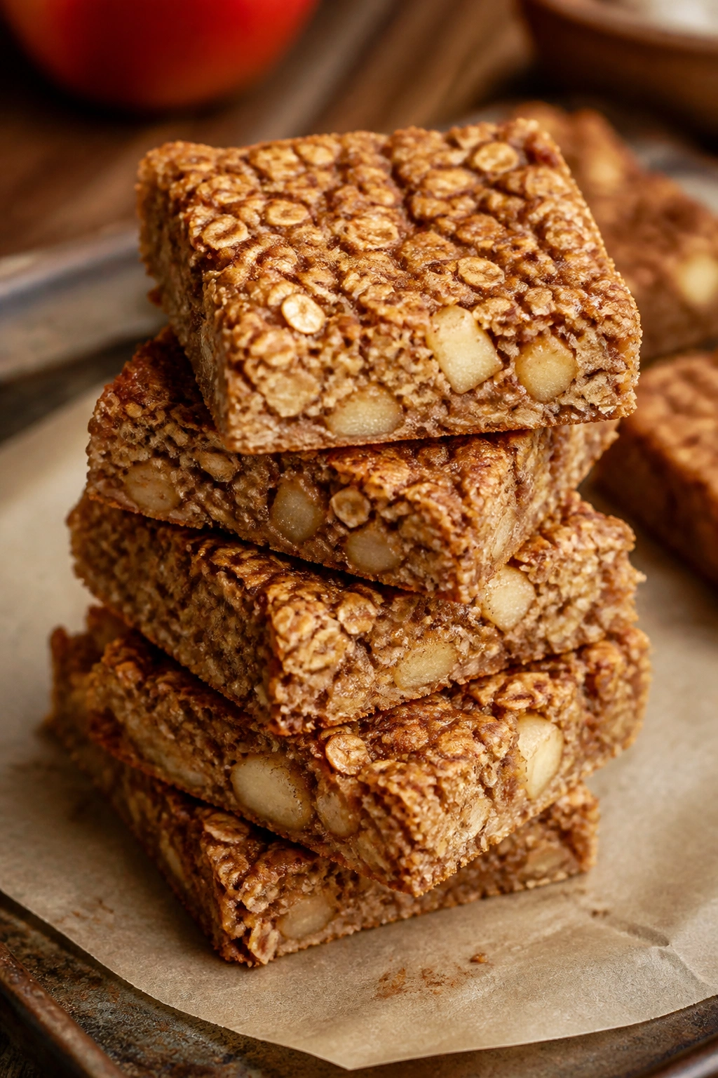 Stack of apple cinnamon baked oatmeal bars on a baking sheet