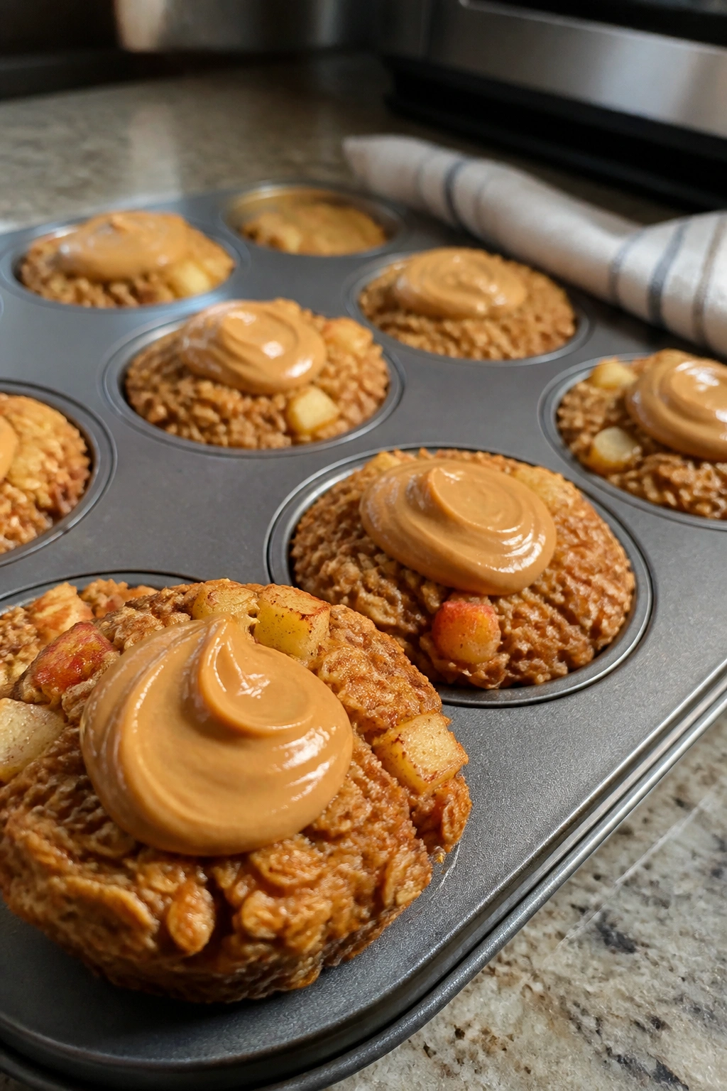 Apple-cinnamon baked oatmeal cups with peanut butter topping in a kitchen
