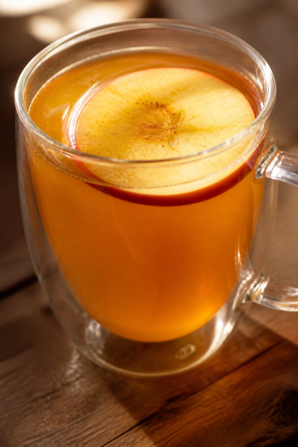 Close-up of apple-scented tea with floating apple slice in a glass mug