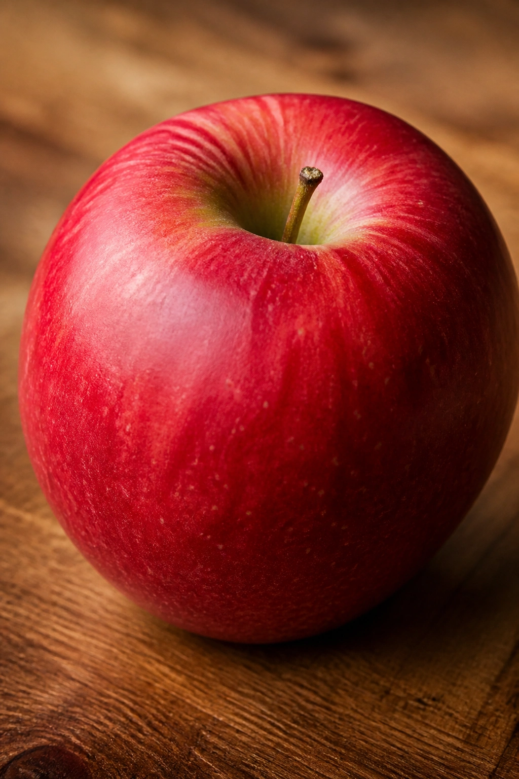 Close-up of a crisp red apple on a wooden counter in natural daylight.