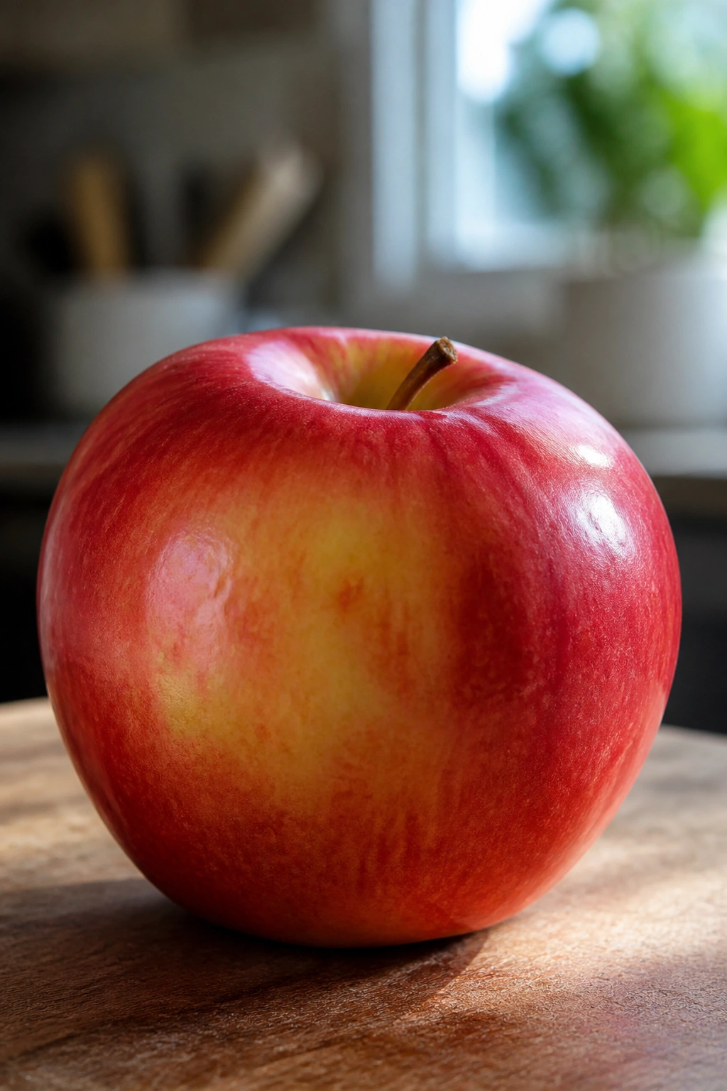 Close-up of a single glossy apple in natural light