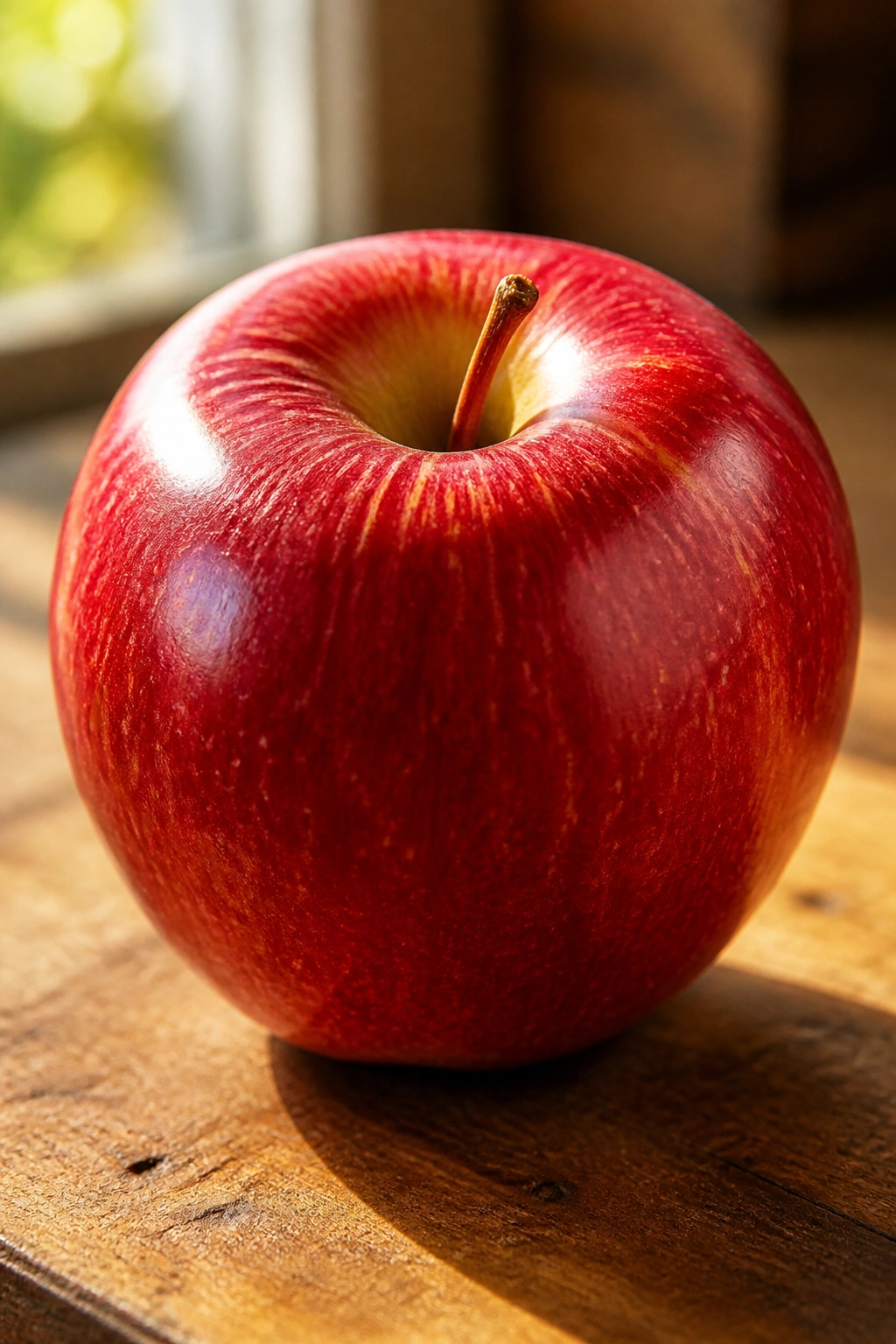 Close-up of a single glossy red apple on a wooden kitchen counter