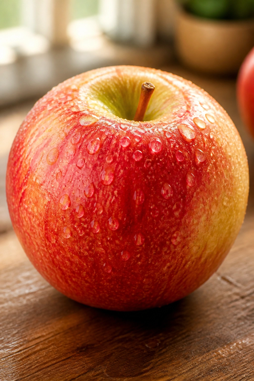 Close-up of a single glossy Honeycrisp apple on a wooden kitchen counter