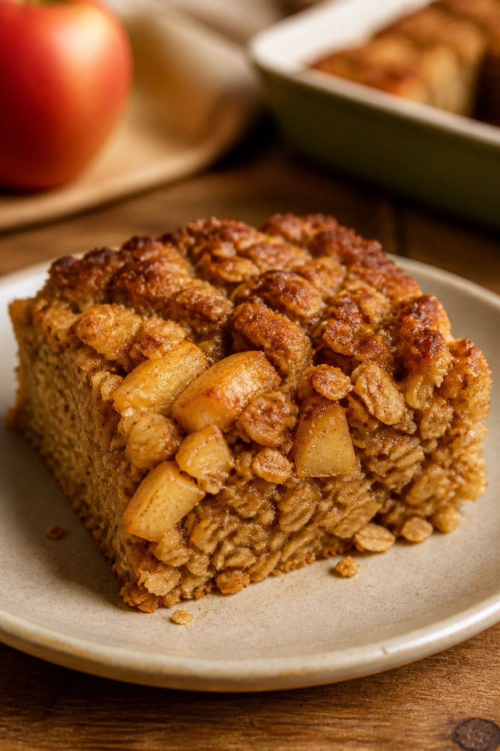 Slice of apple cinnamon baked oatmeal on a plate