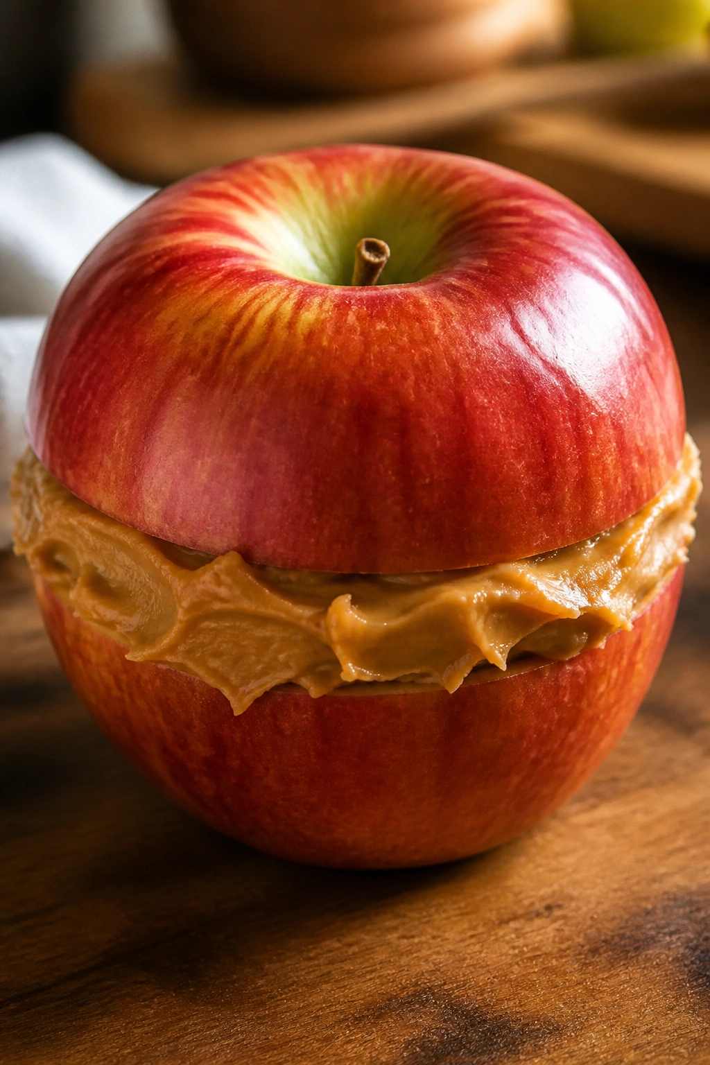Close-up of an apple with peanut butter snack on a wooden board