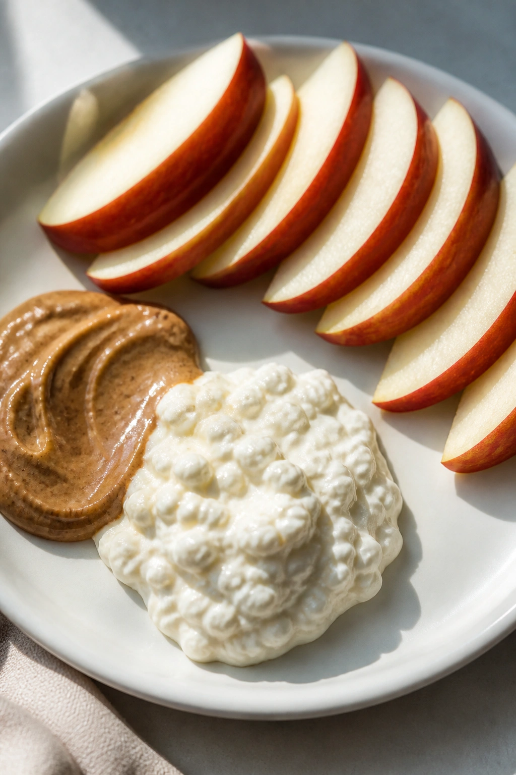 Close-up of apple slices with almond butter and cottage cheese on a plate.