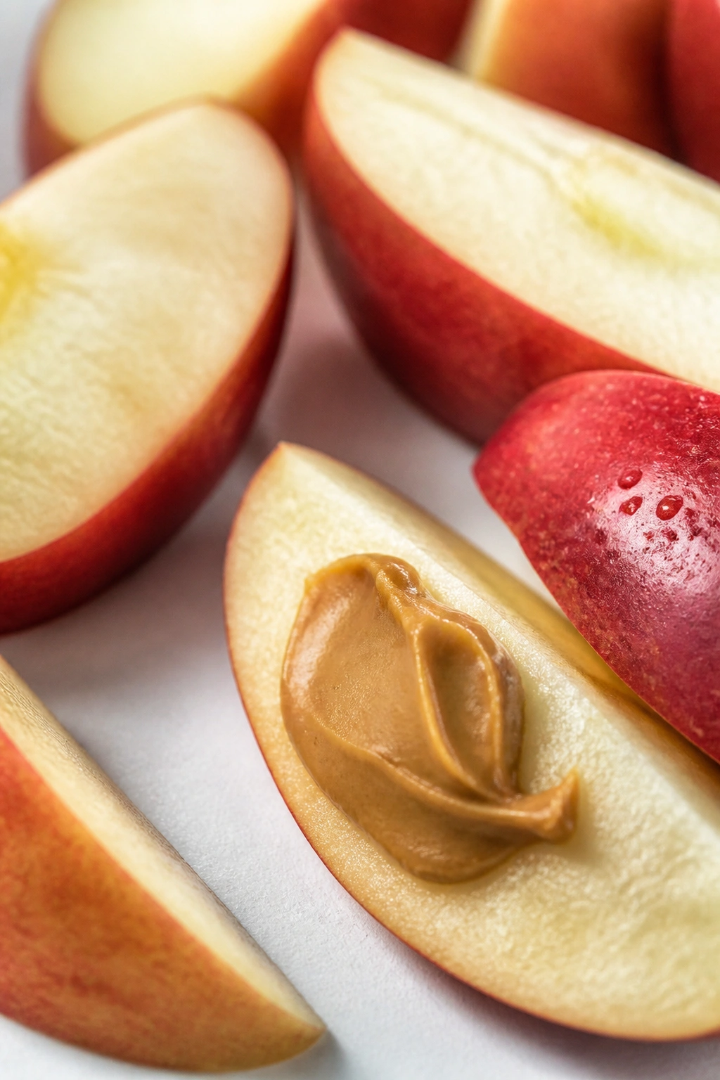 Apple slices with a dab of peanut butter on a clean surface