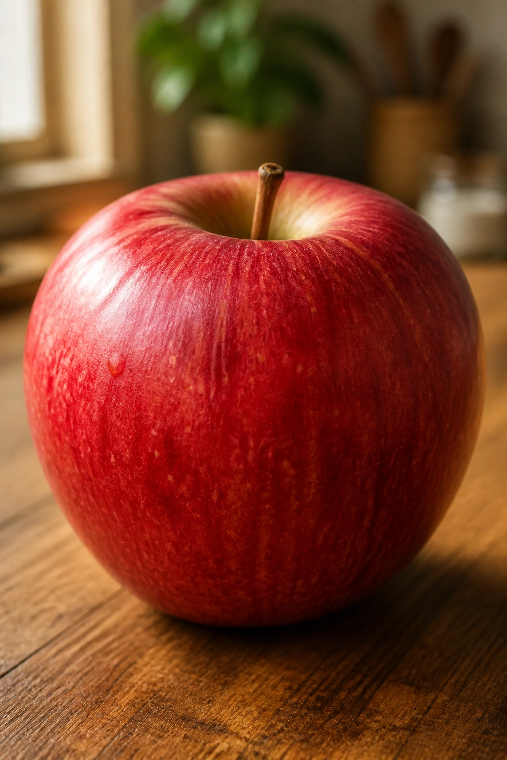 Close-up of a crisp red apple filling the frame on a kitchen counter