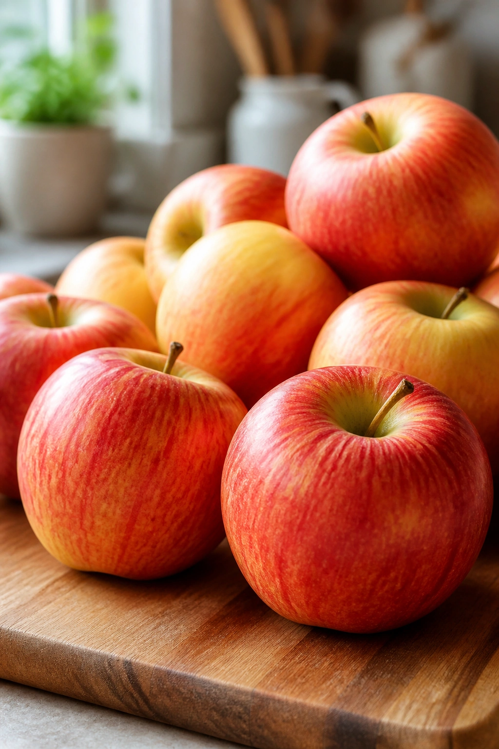 Close-up of a cluster of apples on a wooden cutting board