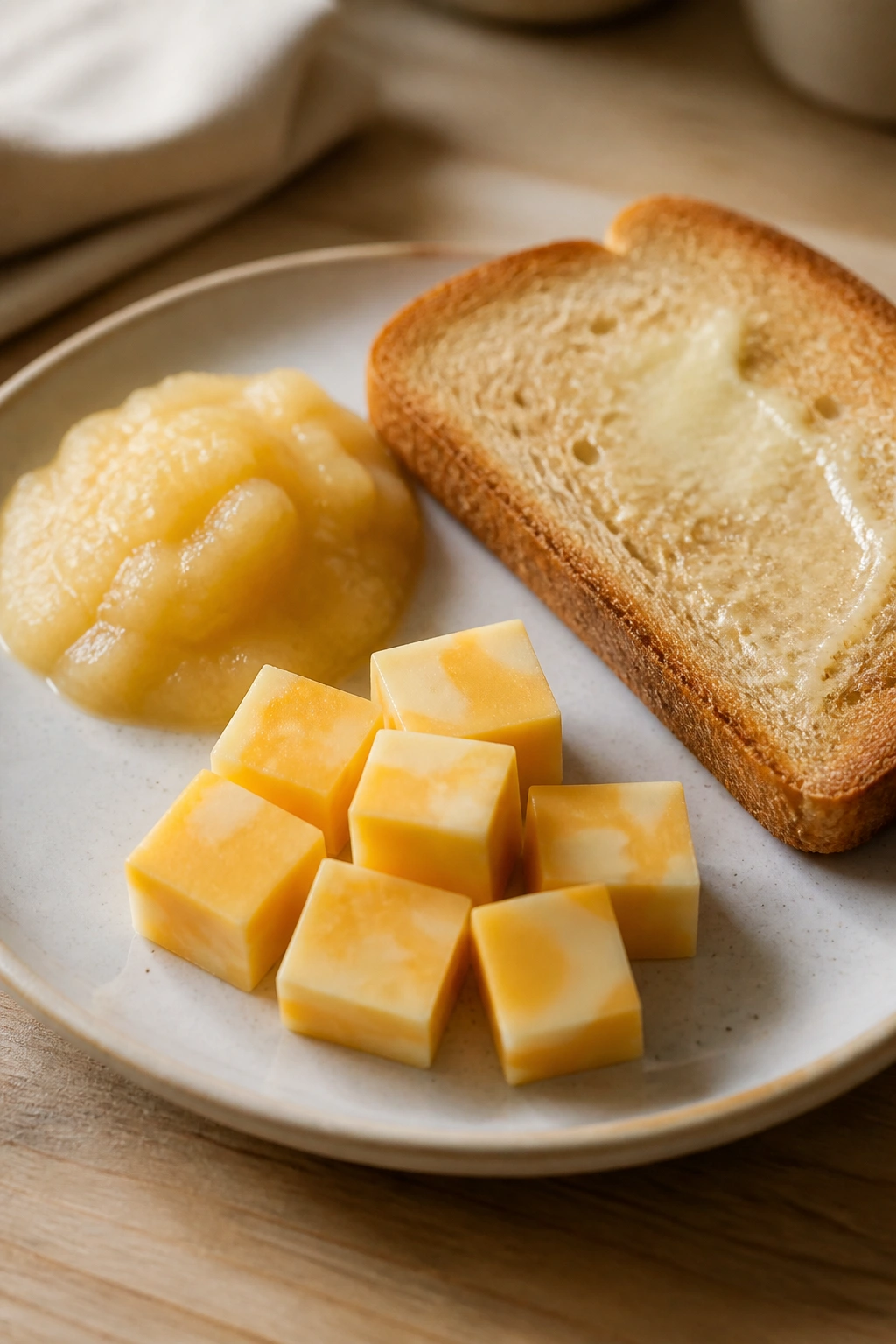 Plate with applesauce, toast, and cheese arranged for a light breakfast