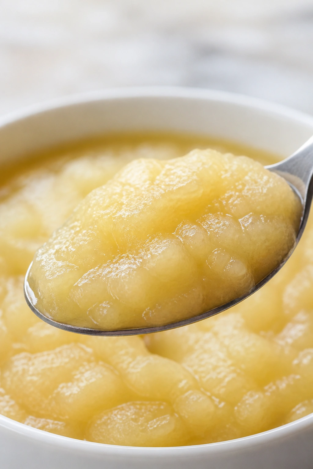 Spoonful of cold applesauce on a neutral surface