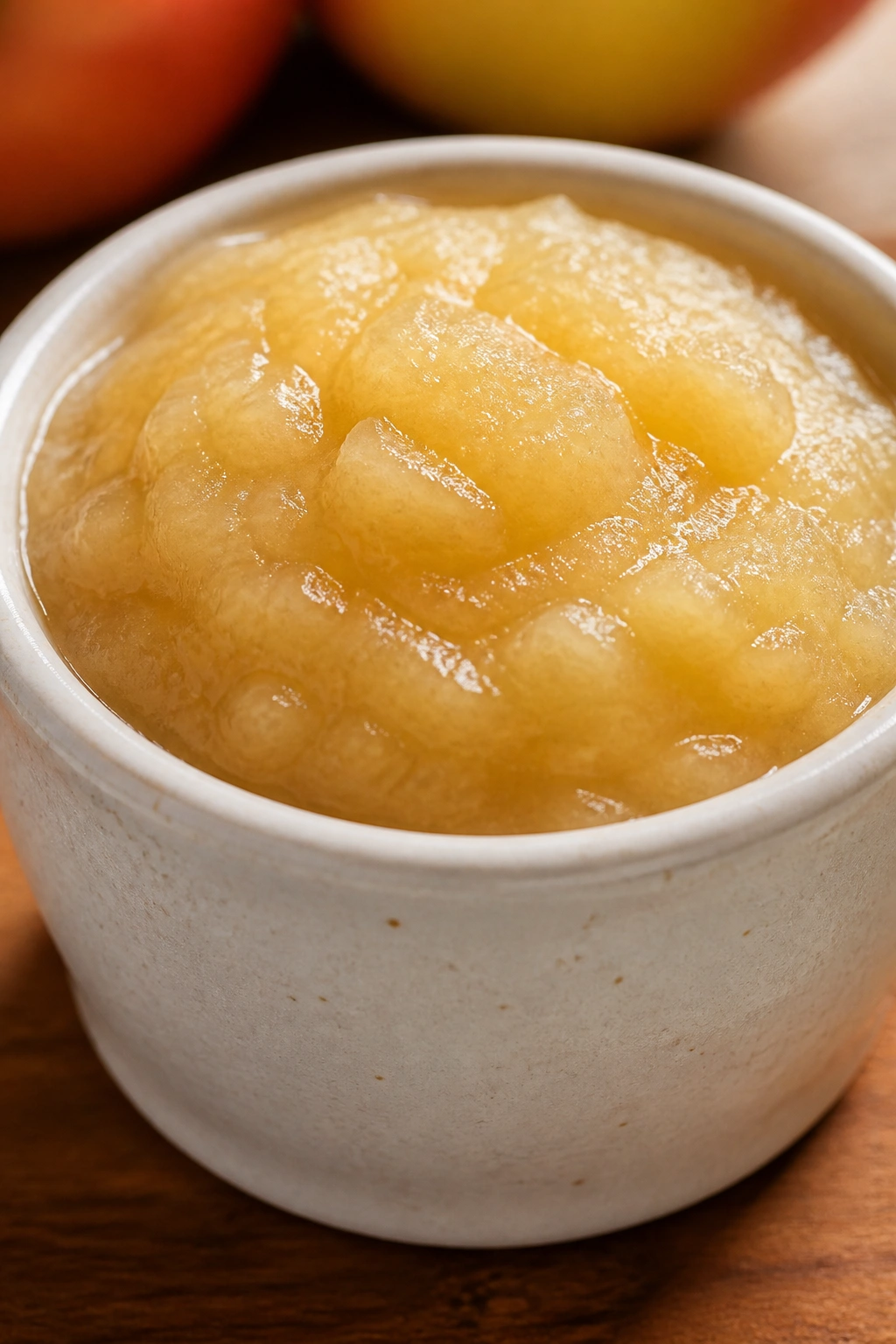 Close-up of unsweetened applesauce in a small ceramic dish