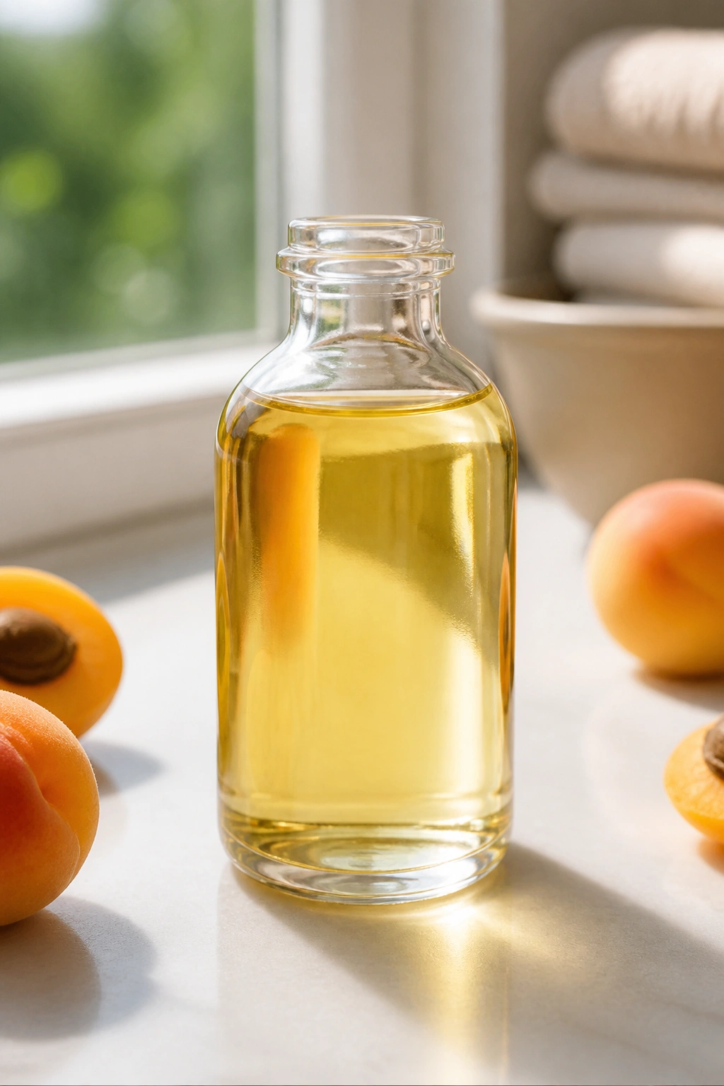 Close-up of unlabeled apricot kernel oil bottle
