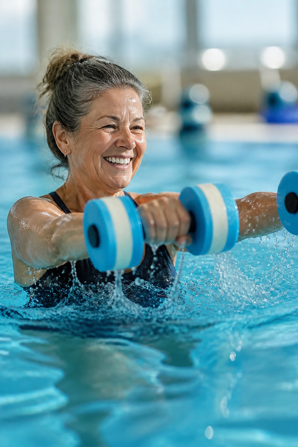 Person doing aqua aerobics with water dumbbells in a pool
