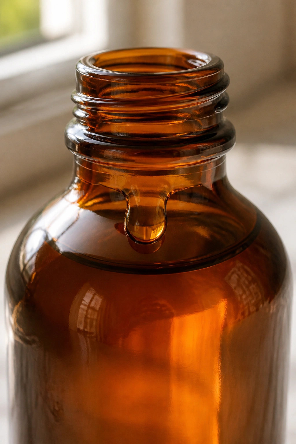 Close-up of unlabeled argan oil bottle on a bathroom counter