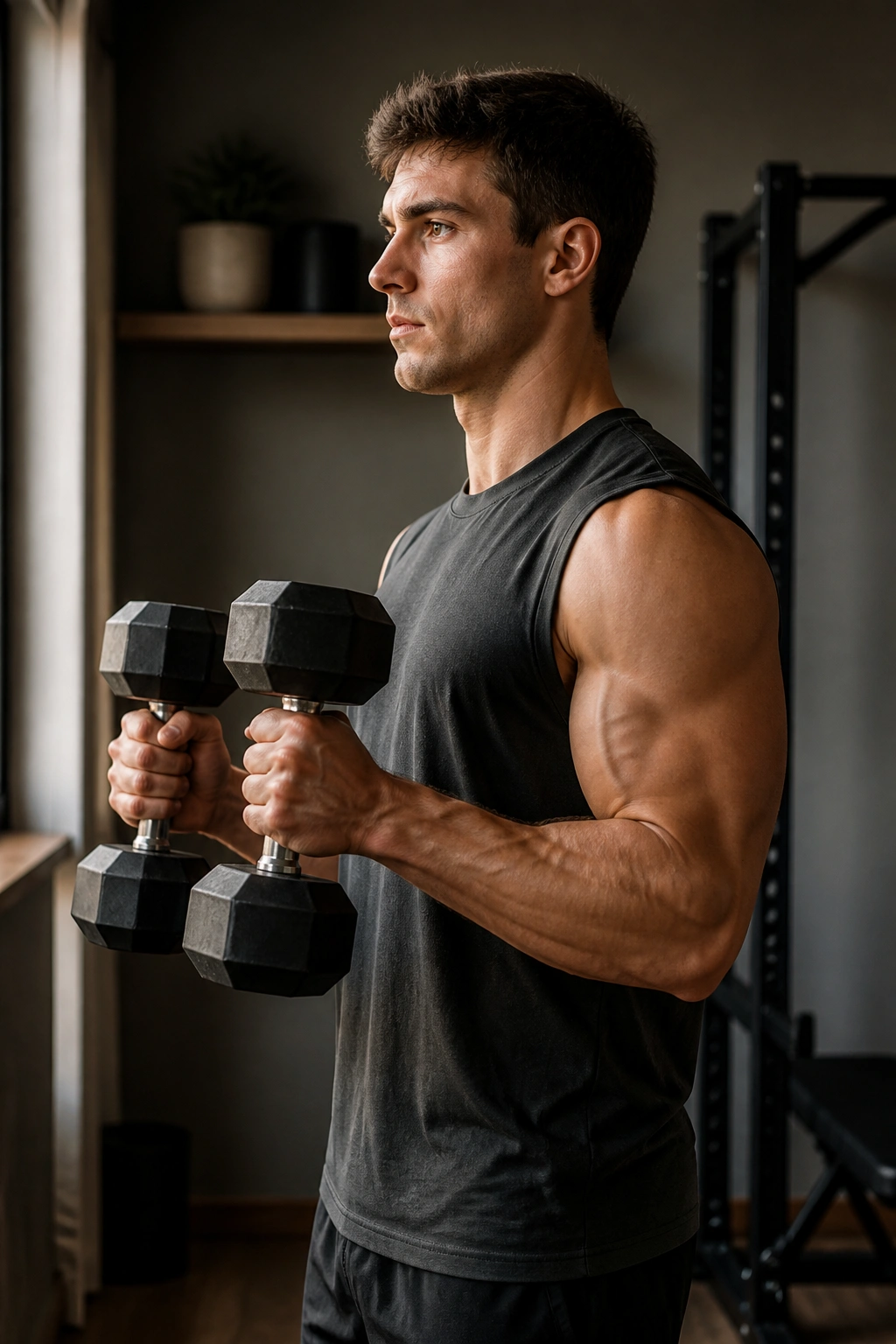Close-up of a person performing hammer curls to target arms and upper back in a home gym.