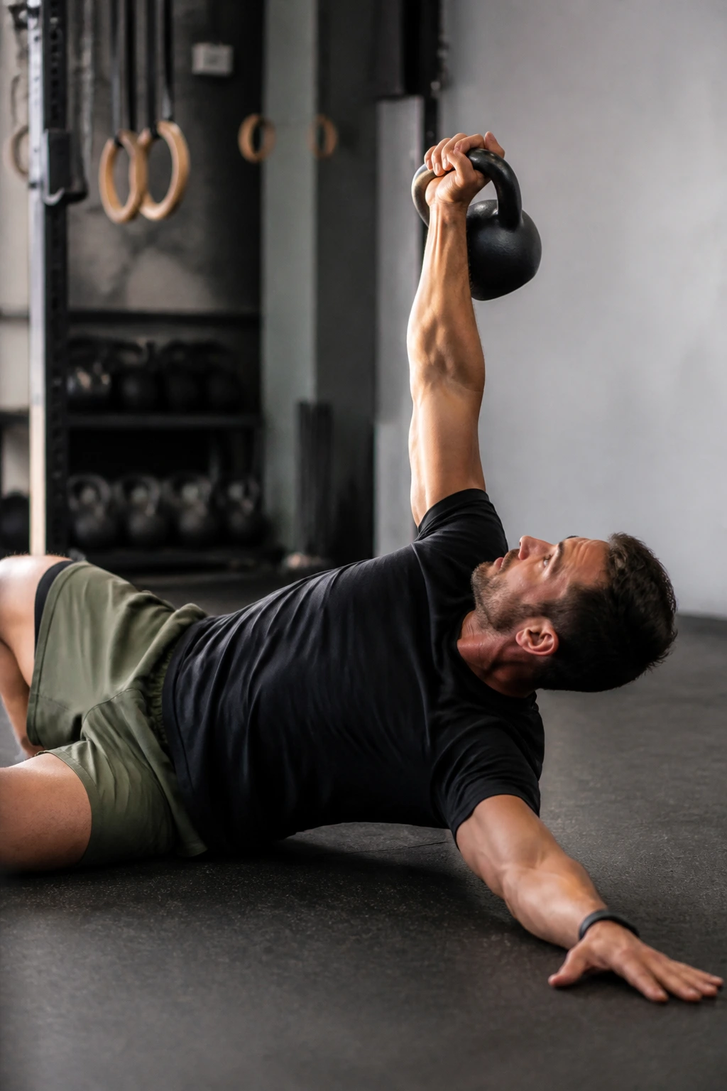 Real person performing arm bar transitioning to floor press with kettlebell in gym.