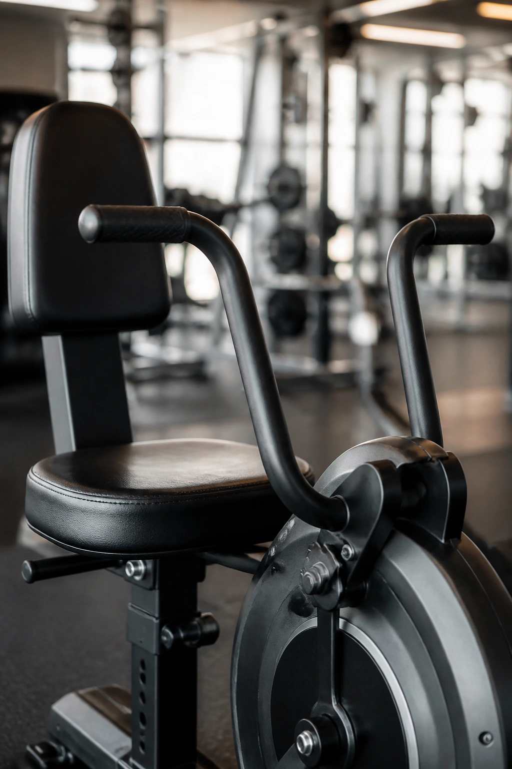 Close-up of arm bike handles and seating in a gym frame