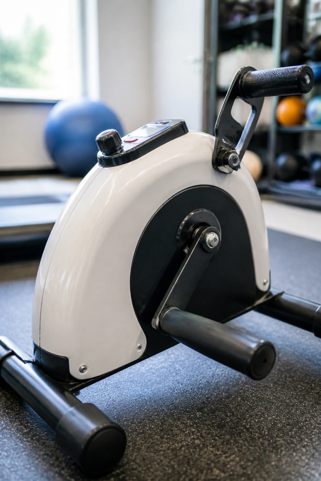 Close-up view of a hand-crank ergometer in a clinical gym for knee-friendly cardio