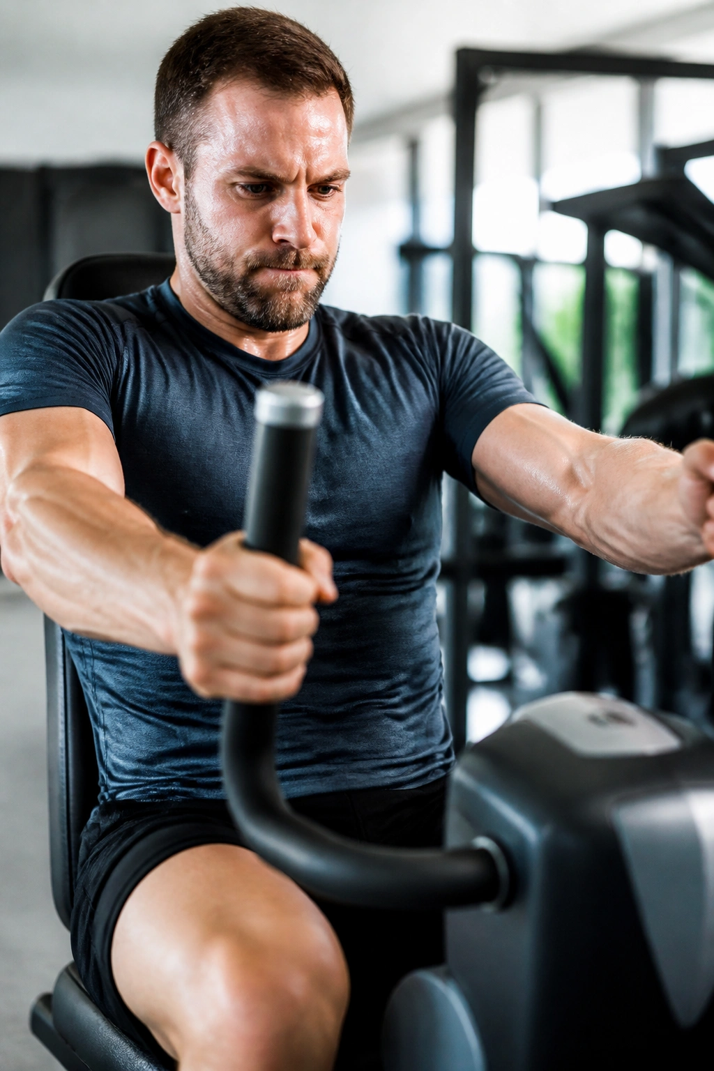 Medium close-up of a person sprinting on an arm bike for knee-friendly cardio