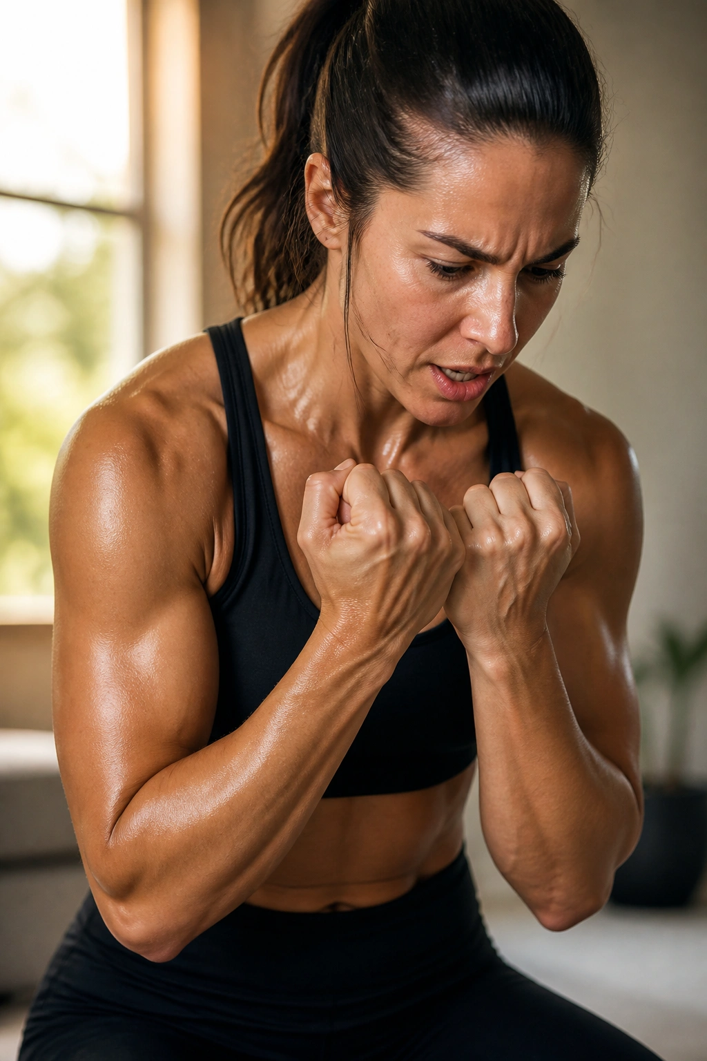 Close-up of arm muscles during no-weight burn-out exercise