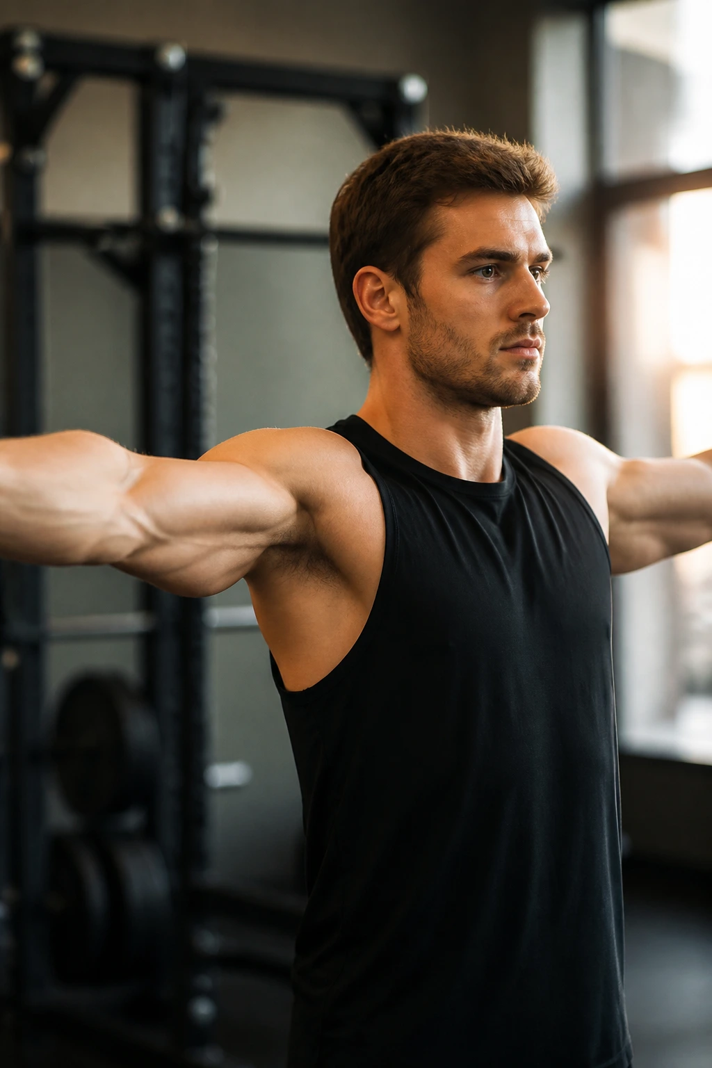 Close-up of a person performing arm circles in a gym with arms in a T shape