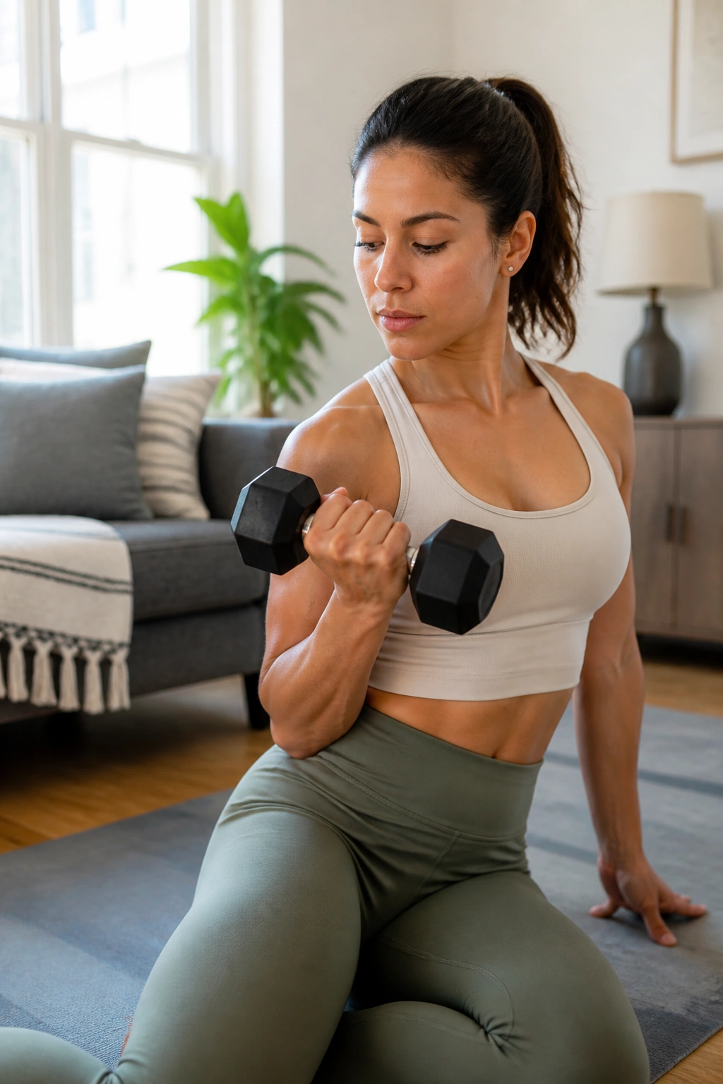 Person performing an arm exercise in a circuit-style workout in a bright living room.