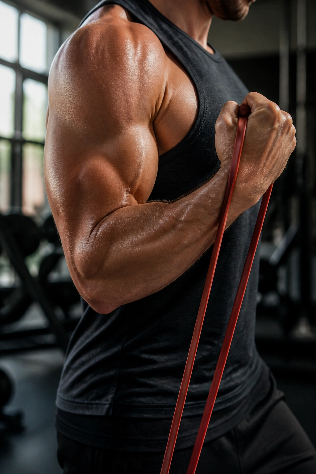 Close-up of flexed arm with resistance band during bicep curl, showing muscle definition
