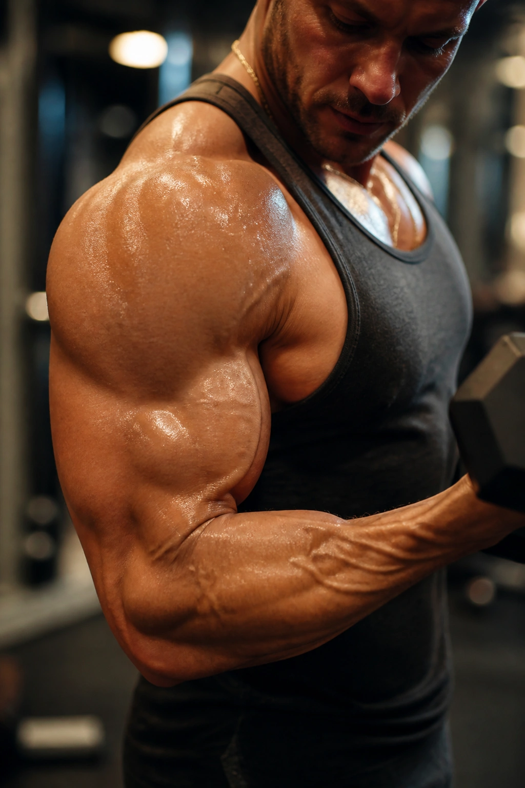 Close-up of a pumped arm and shoulder during an arms-and-delts finisher in a gym.