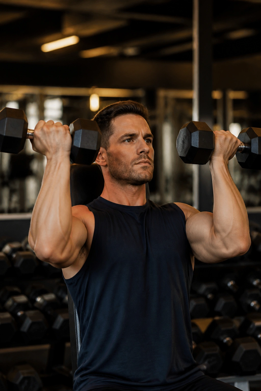 Close-up of person performing Arnold press with dumbbells