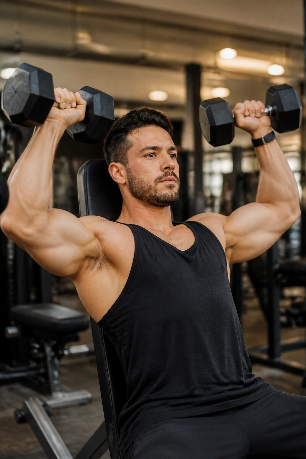 Lifter performing Arnold press in gym