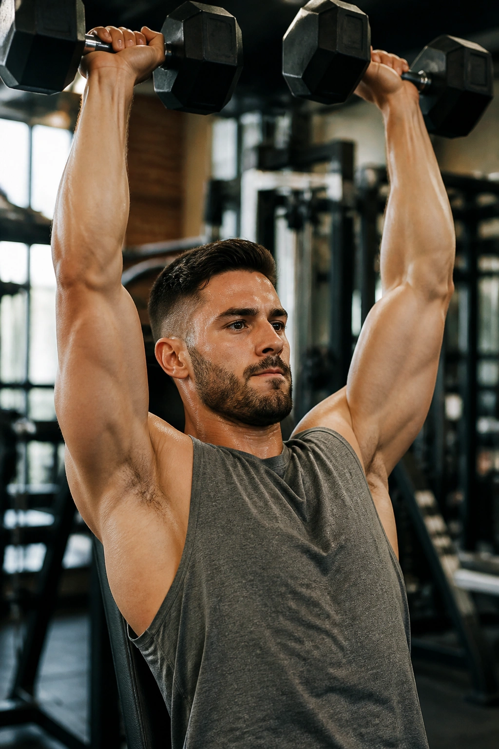 Close-up of a person performing Arnold press with dumbbells in gym