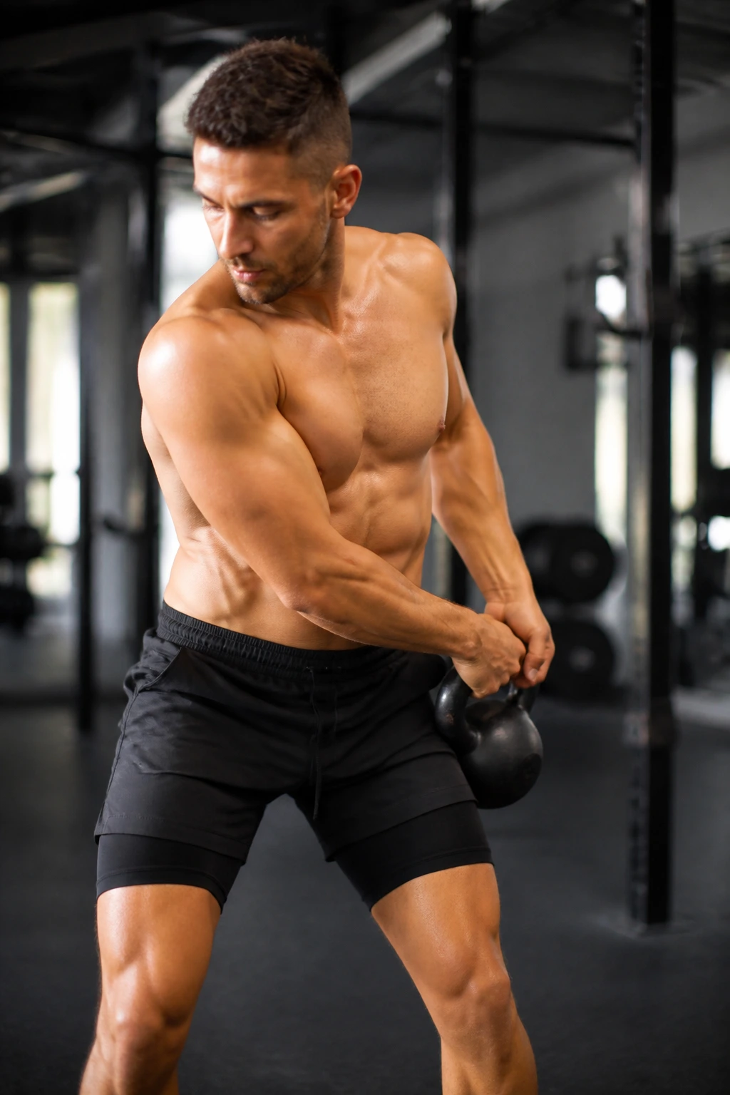 Athlete performing around-the-body kettlebell passes in a gym