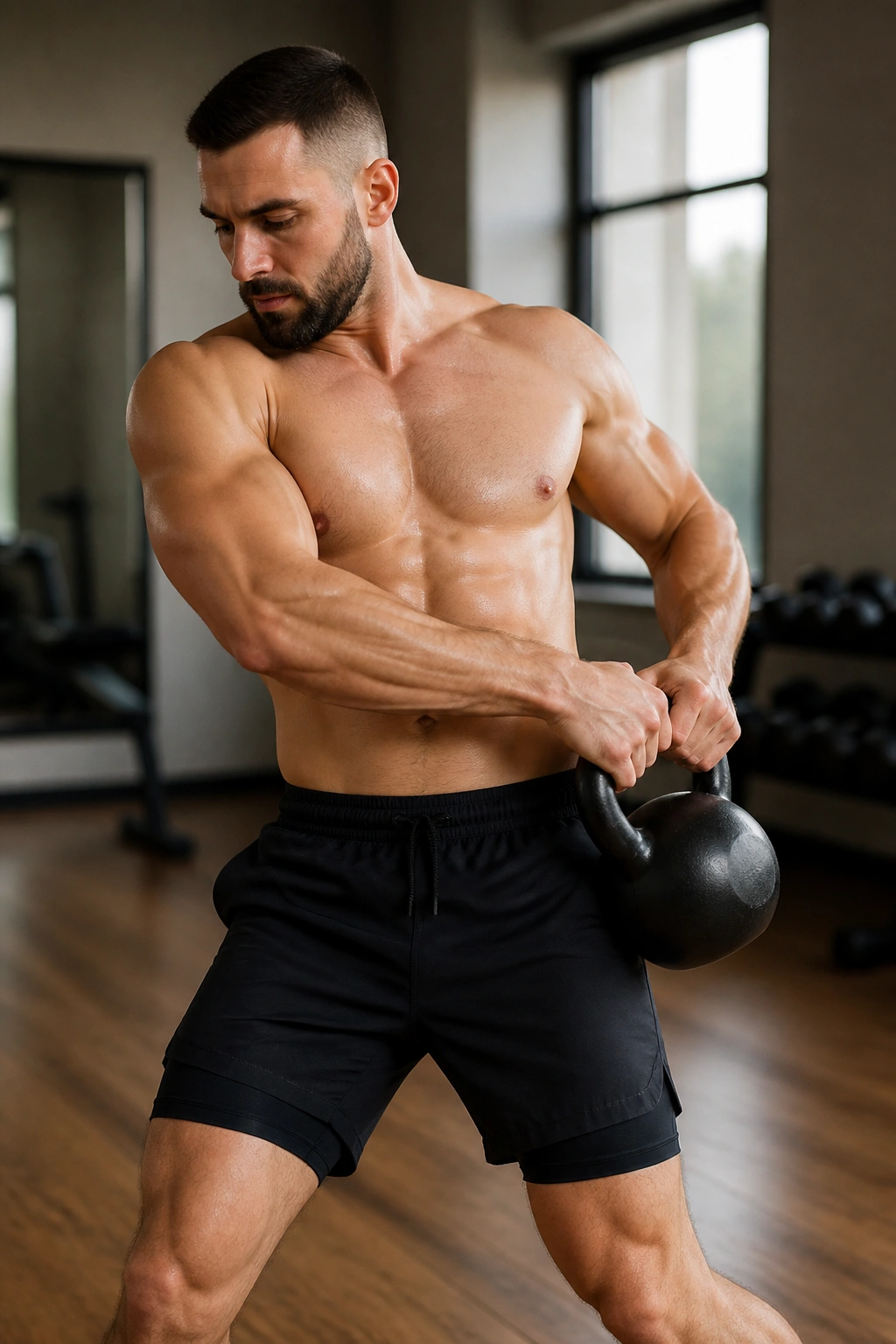 Close-up of kettlebell circling around the waist during Around-the-World Pass showing core engagement.
