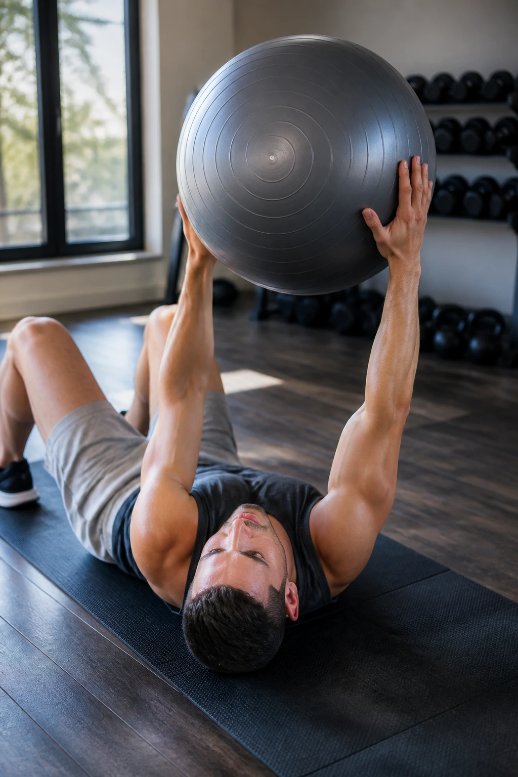 Person with stability ball overhead circling the ball around the torso